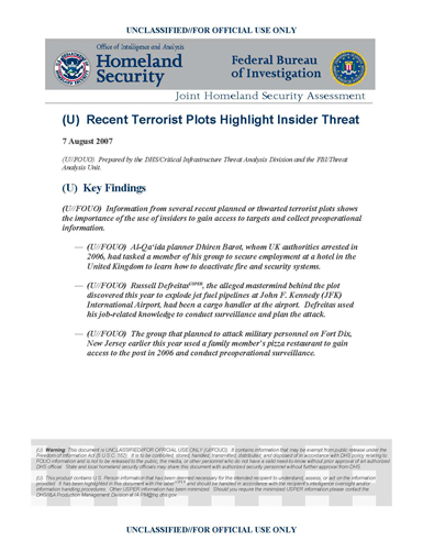 Recent Terrorist Plots Highlight Insider Threat | Public Intelligence