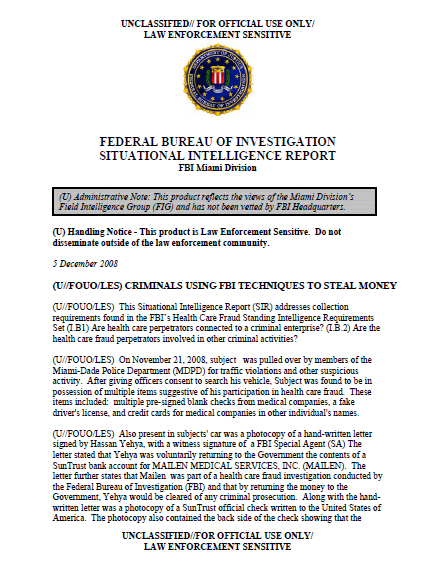 FBI (U//FOUO/LES) Criminals Using FBI Techniques To Steal Money ...