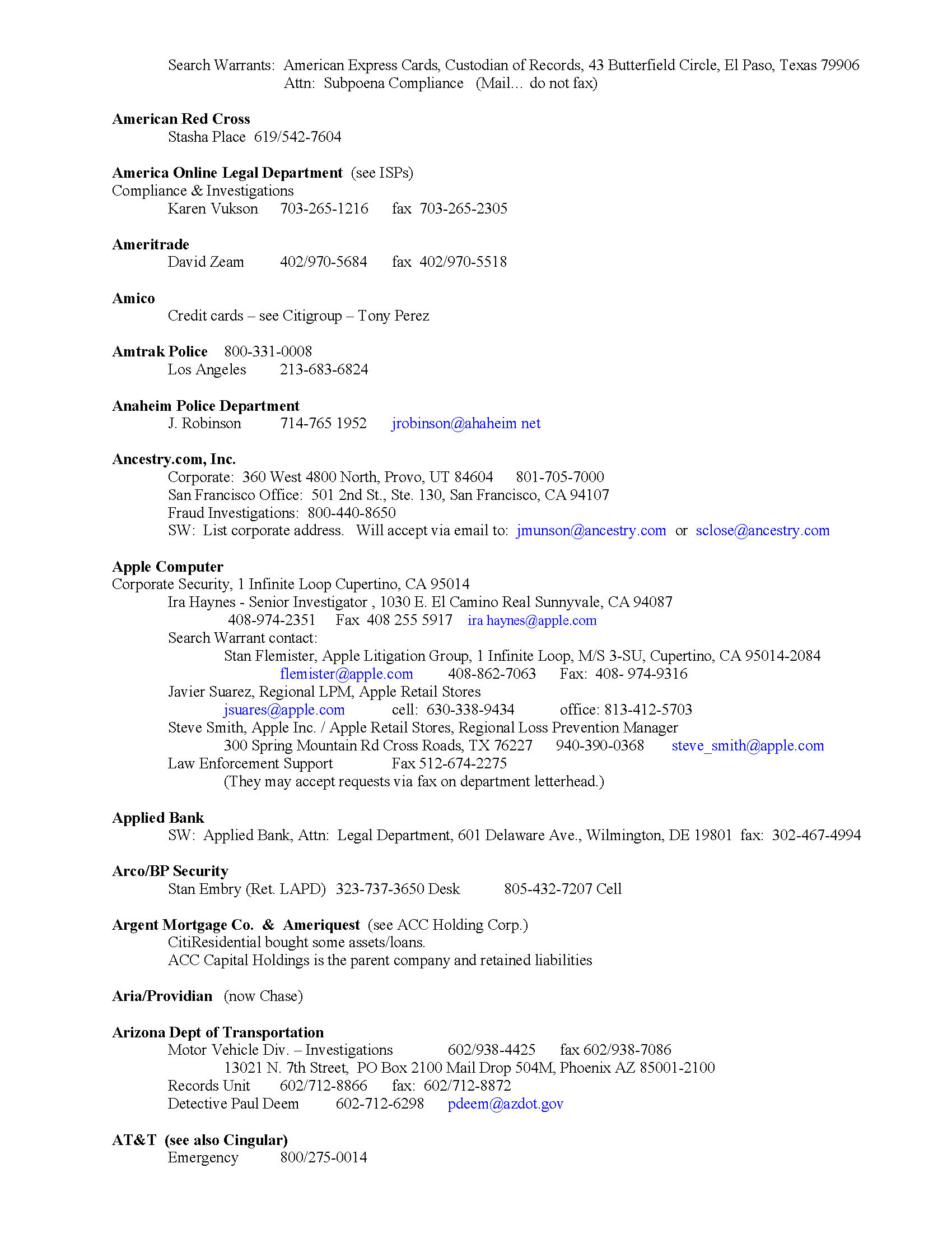 Financial Crimes Law Enforcement/Subpoena Contacts List Public