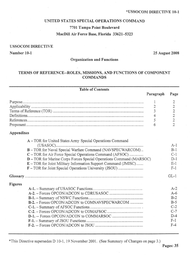 U.S. Special Operations Command Terms of Reference Roles, Missions